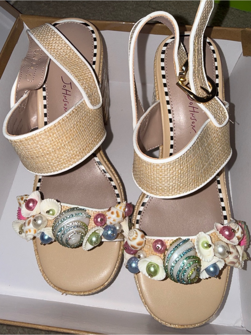 Betsey Johnson Beige Raffia Sandals with Multicolor Shell & Bead Embellishments